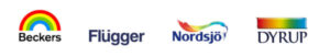 Logoerne for grossisterne Beckers, Flügger, Nordsjoe og Dyrups, som forsyner vores malerfirma med førsteklasses materialer