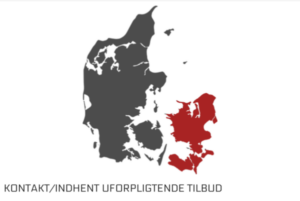 et billeder der viser et kort over danmark hvor sjælland er markeret i en rød farve for at vise vores arbejdsområde.